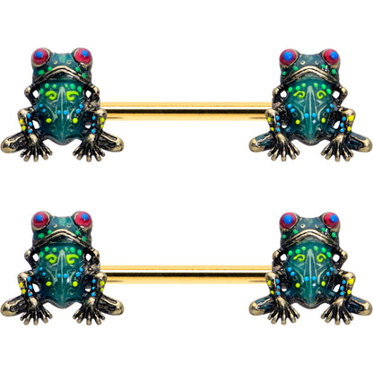 14G 5/8 Gold Tone Anodized Colorful Tree Frog Nipple Ring Set