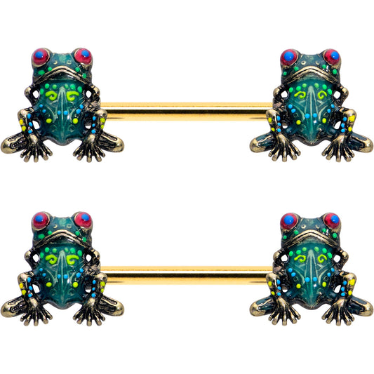 14G 5/8 Gold Tone Anodized Colorful Tree Frog Nipple Ring Set