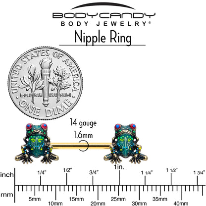 14G 5/8 Gold Tone Anodized Colorful Tree Frog Nipple Ring Set