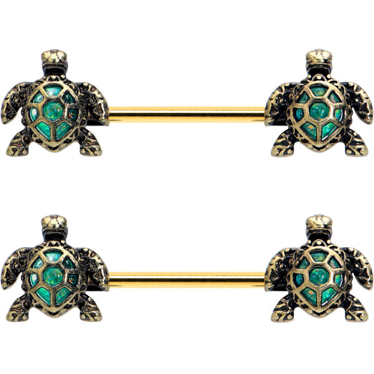 14G 5/8 Gold Tone Anodized Sea Turtle Style Barbell Nipple Ring Set