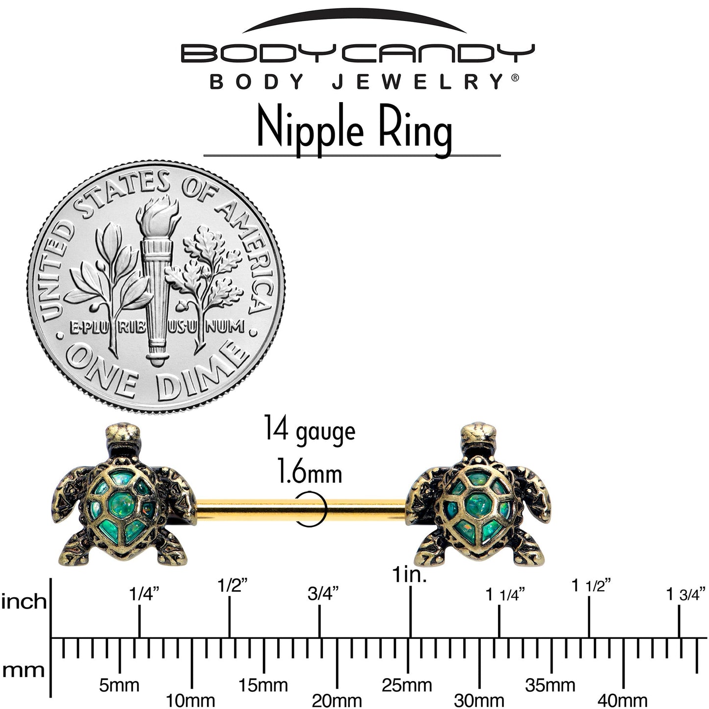 14G 5/8 Gold Tone Anodized Sea Turtle Style Barbell Nipple Ring Set