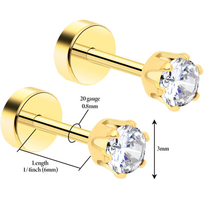 14k Yellow Gold Plated 3mm CZ Flat Back Stud Earrings - 1 Pair