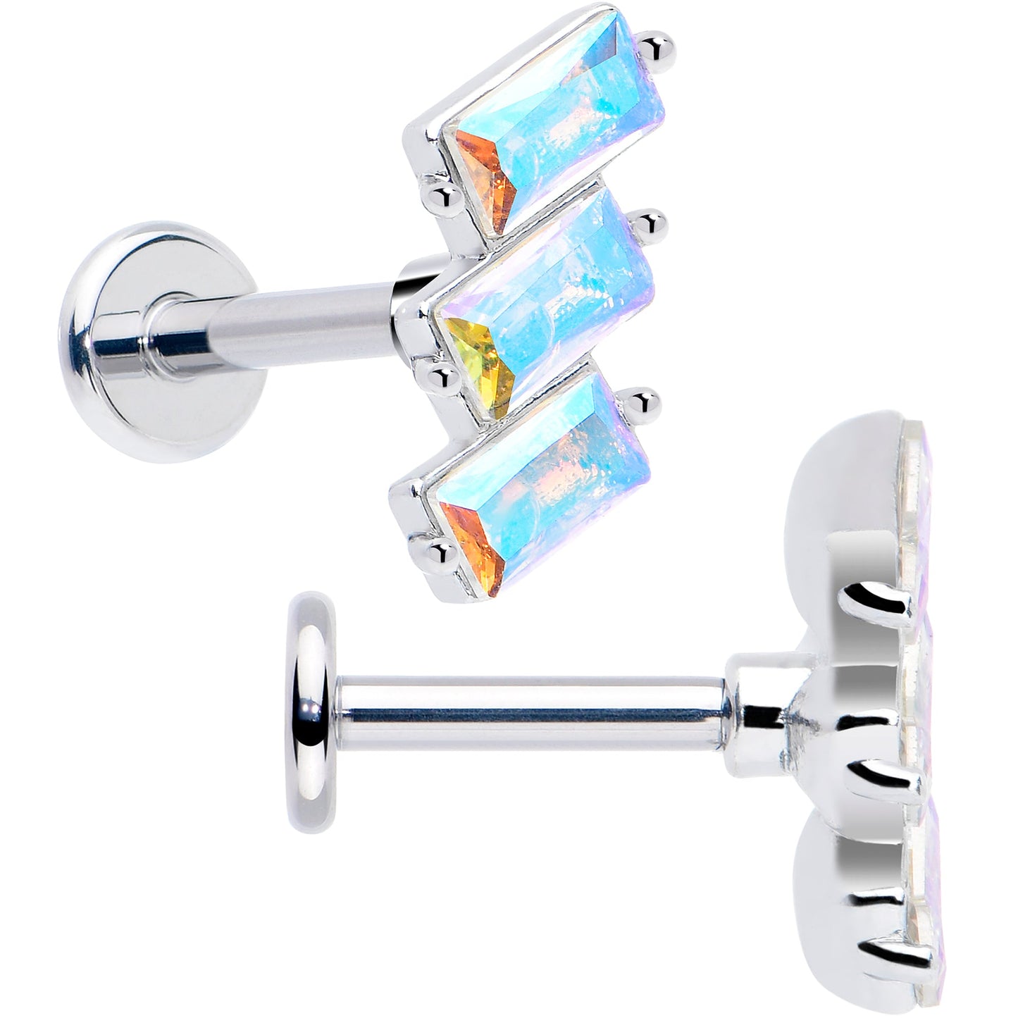 Titanium Flat Back Earring Set - Staggered Aurora CZ 16G