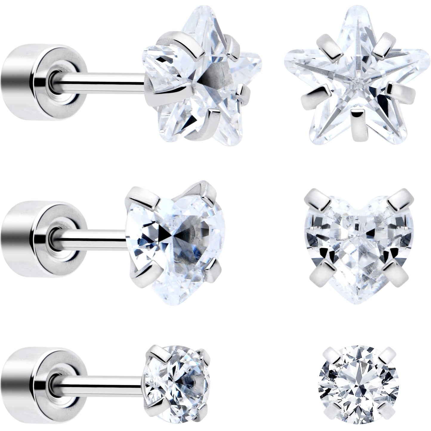 Clear Simplistic Heart Star CZ Flat Back Stud Earrings - 3 Pairs