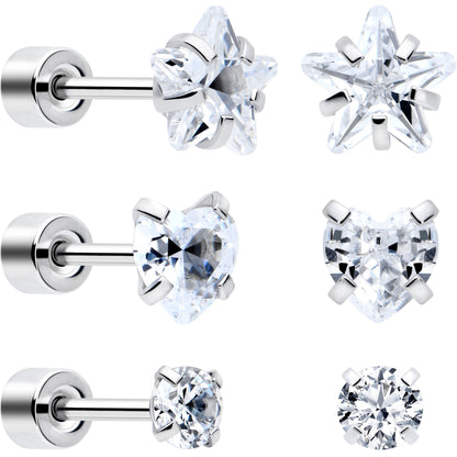 Clear Simplistic Heart Star CZ Flat Back Stud Earrings - 3 Pairs