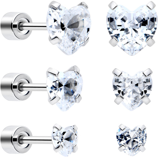 Clear Heart CZ Flat Back Stud Earrings - 3 Pairs