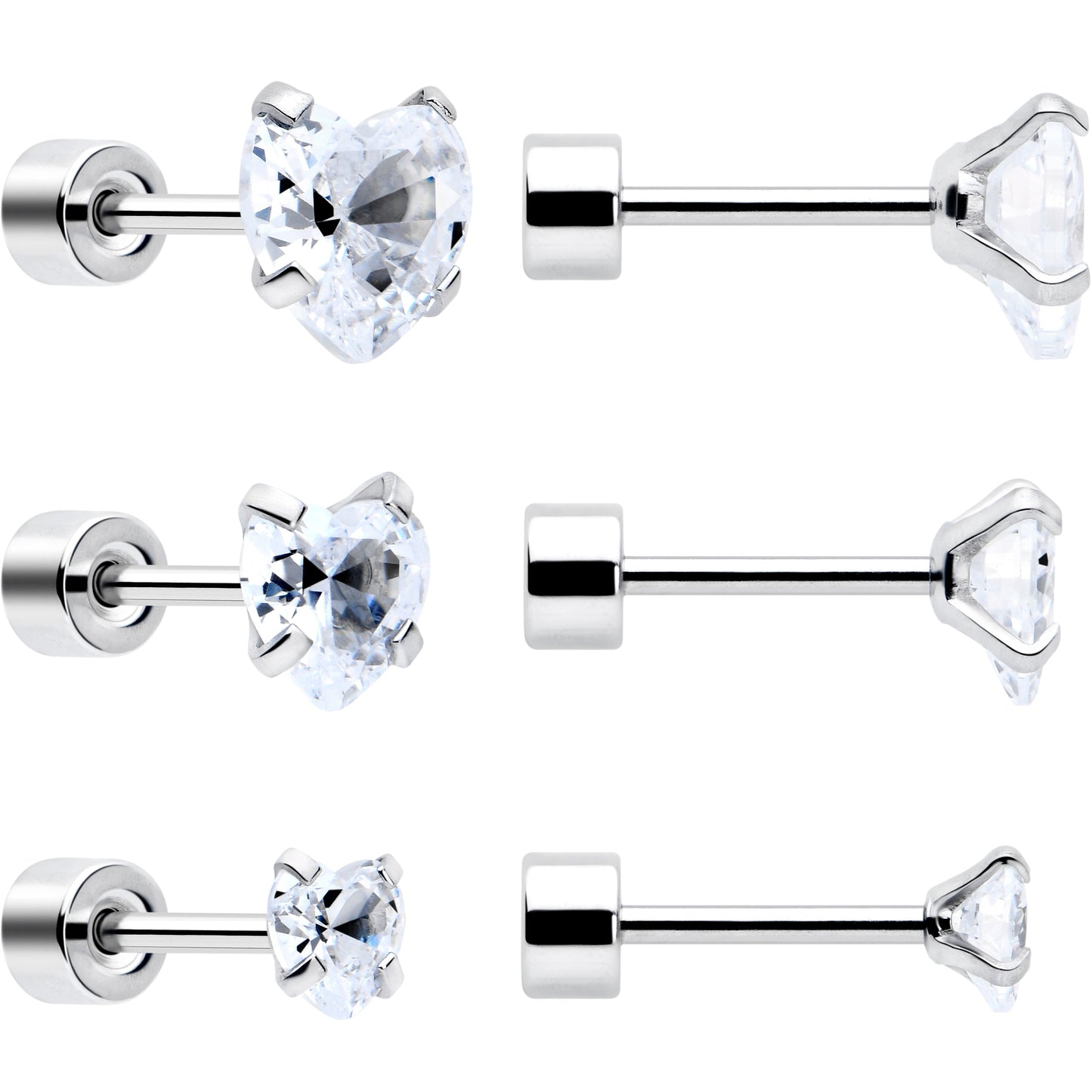 Clear Heart CZ Flat Back Stud Earrings - 3 Pairs