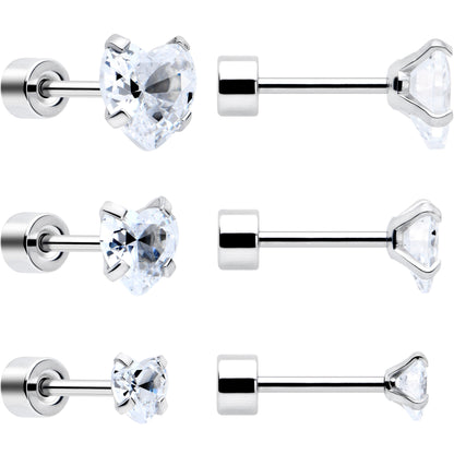 Clear Heart CZ Flat Back Stud Earrings - 3 Pairs