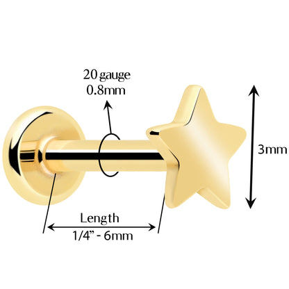 14k Solid Yellow Gold 3mm Star Threadless Push In Flat Back Stud
