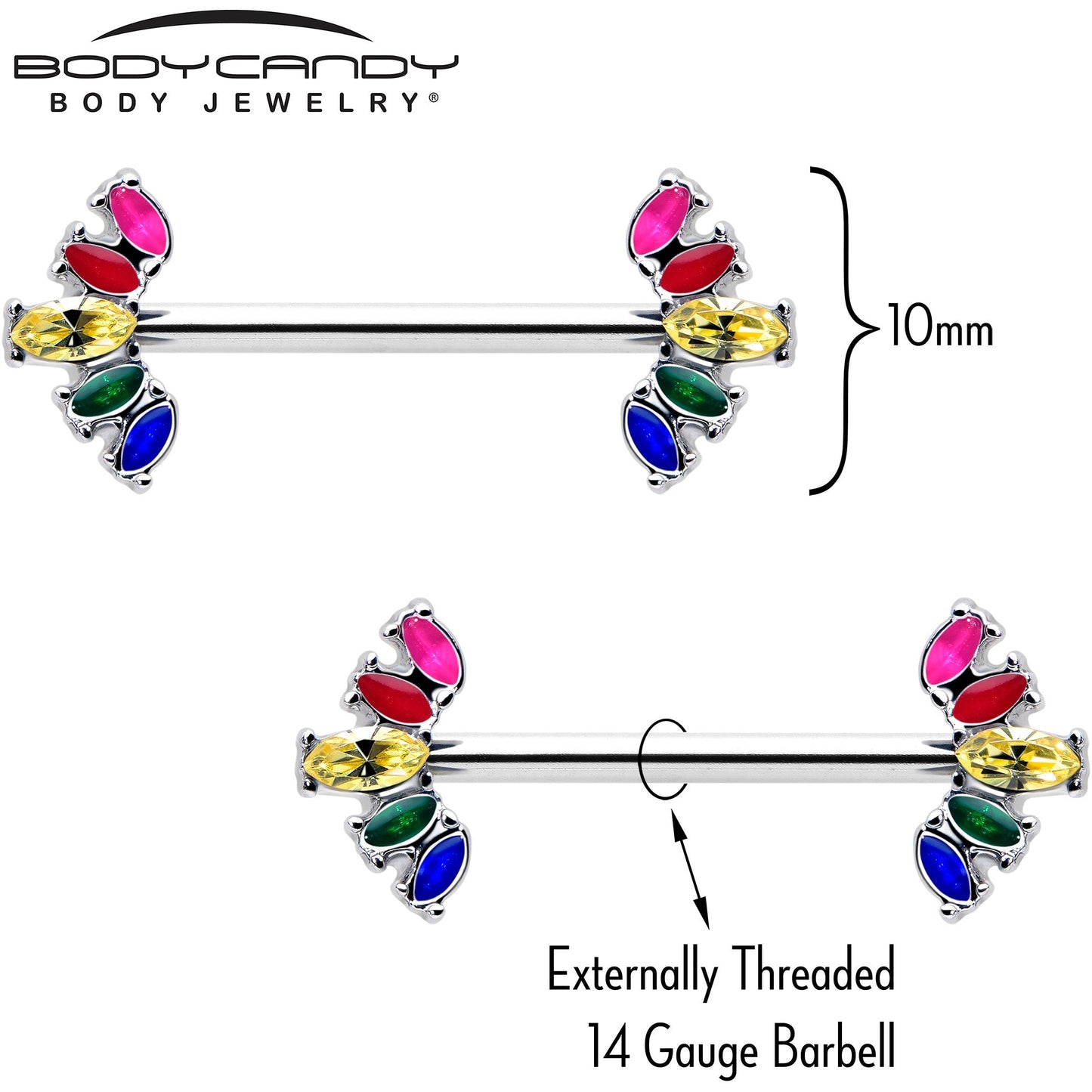 14G 9/16 Rainbow Gem Pride Fancy Glam Nipple Ring Set