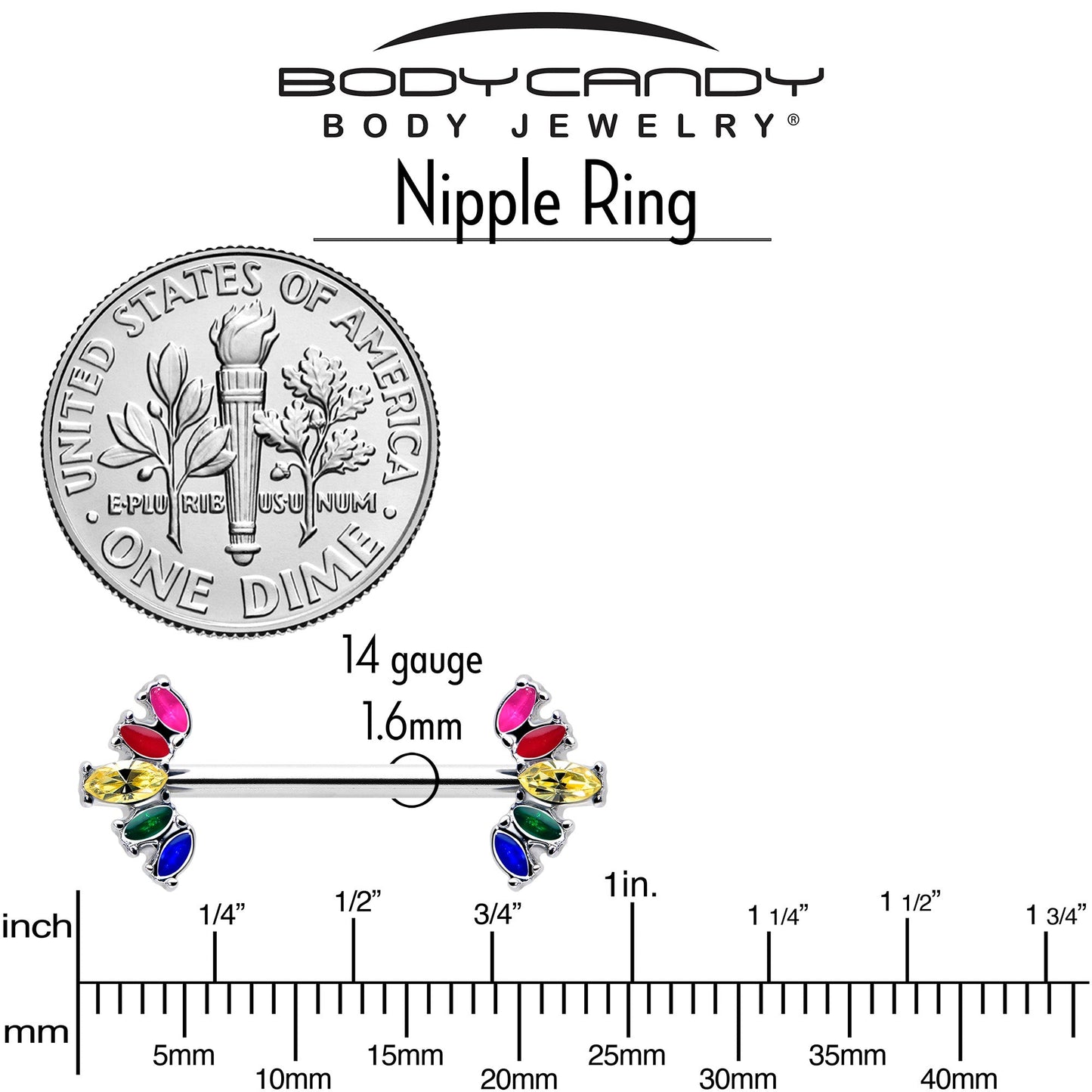 14G 9/16 Rainbow Gem Pride Fancy Glam Nipple Ring Set