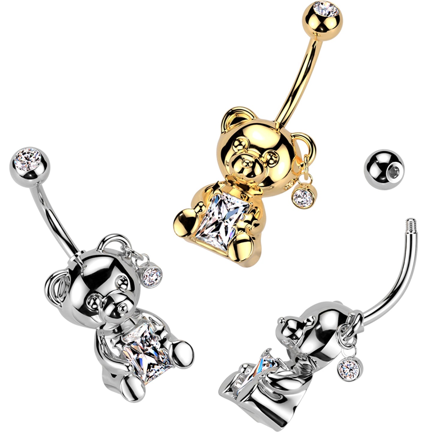 Teddy Bear Belly Ring 14k Gold Plated with CZ Gem