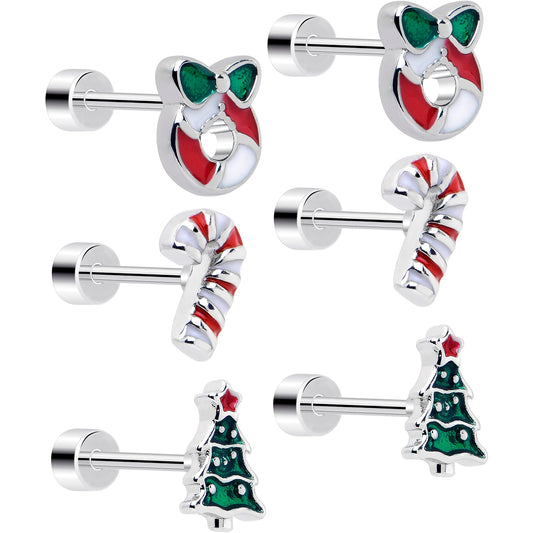 Christmas Flat Back Earrings - 3 Pairs Holiday Tree Ornament Candy Cane