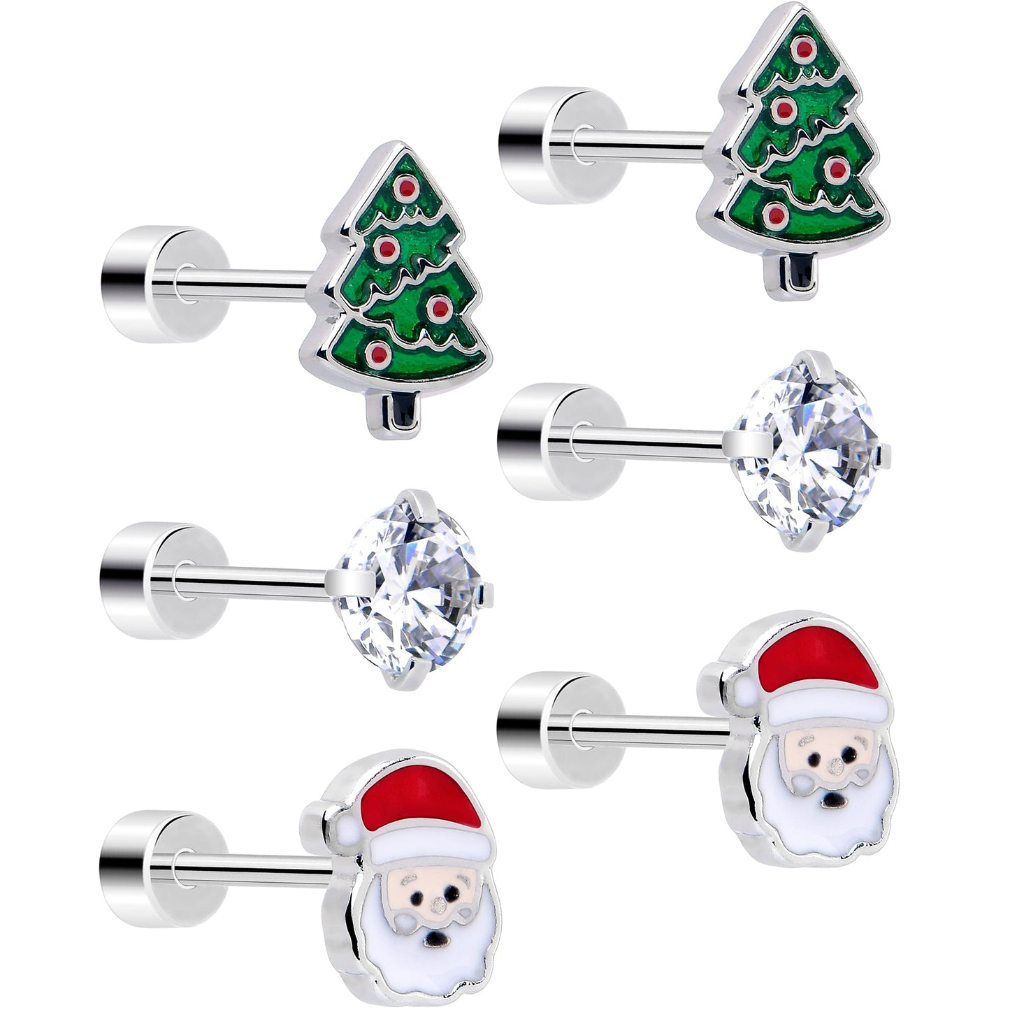 Christmas Flat Back Earrings - 3 Pairs Holiday Tree Samta CZ