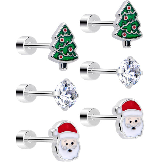 Christmas Flat Back Earrings - 3 Pairs Holiday Tree Samta CZ