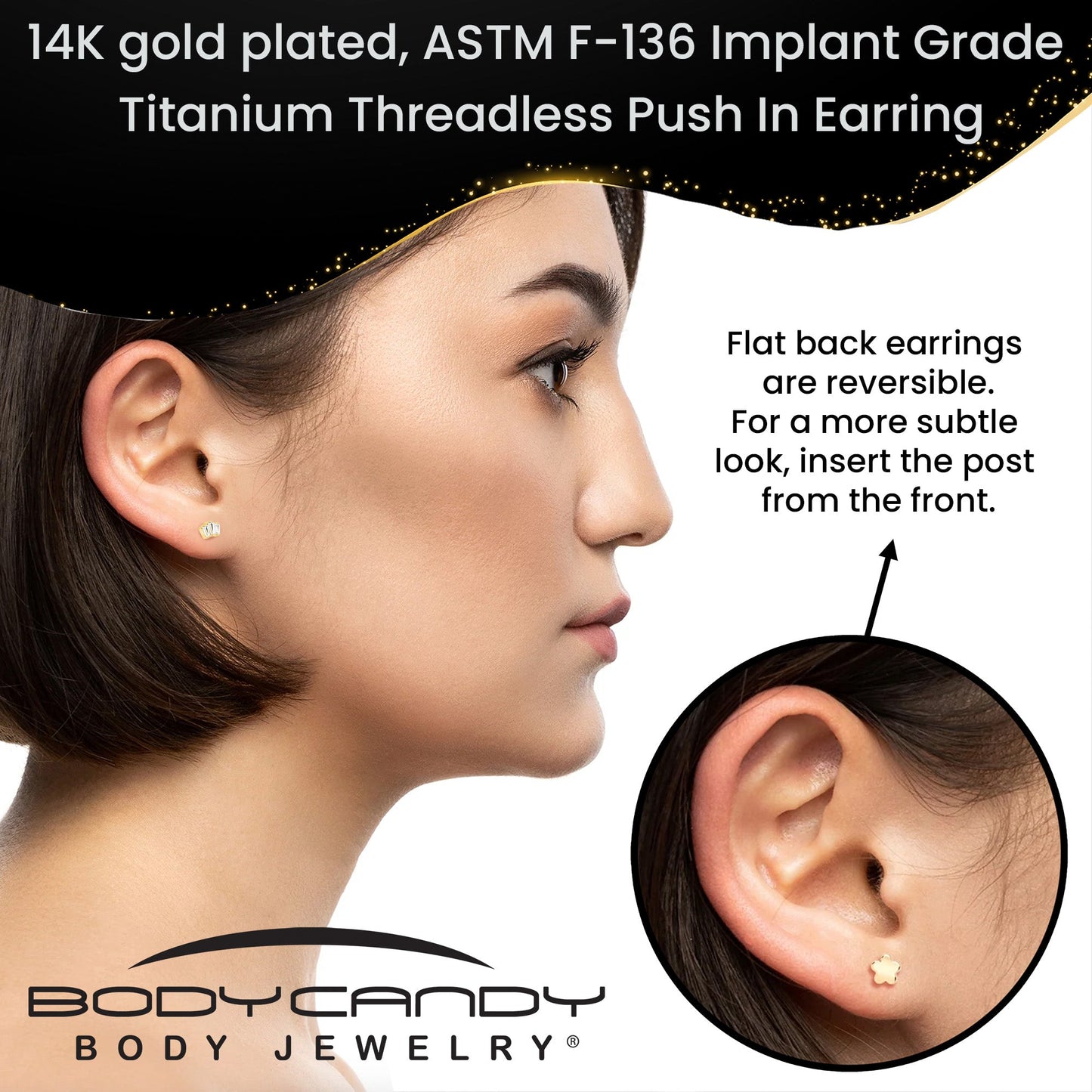 18G 1/4 Clear Gem 14k Gold Plated Implant Grade Titanium Threadless Flower Reversible Flat Back Earring