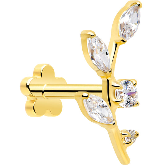 18G 1/4 Clear Gem Gold PVD Implant Grade Titanium Leaves Threadless Flatback Earring