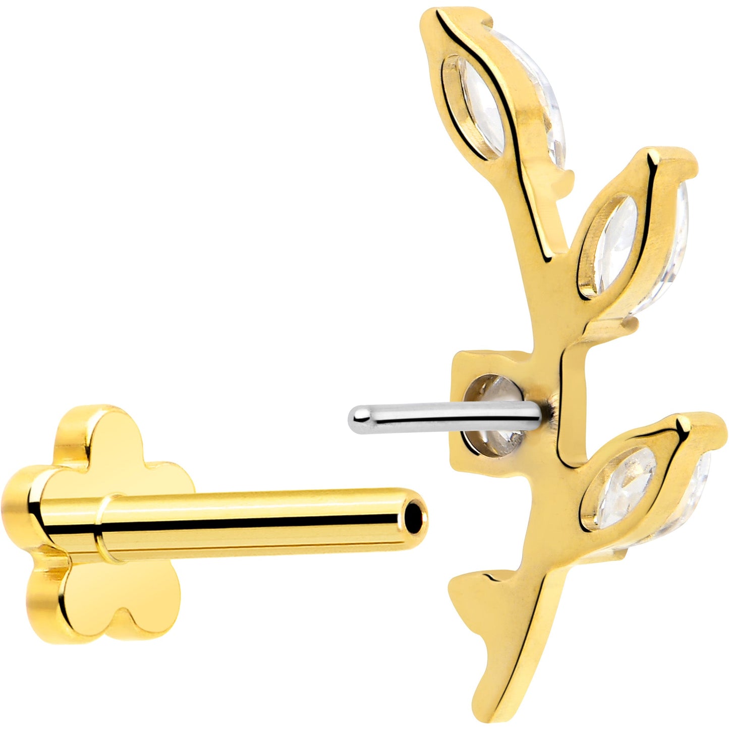 18G 1/4 Clear Gem Gold PVD Implant Grade Titanium Leaves Threadless Flatback Earring