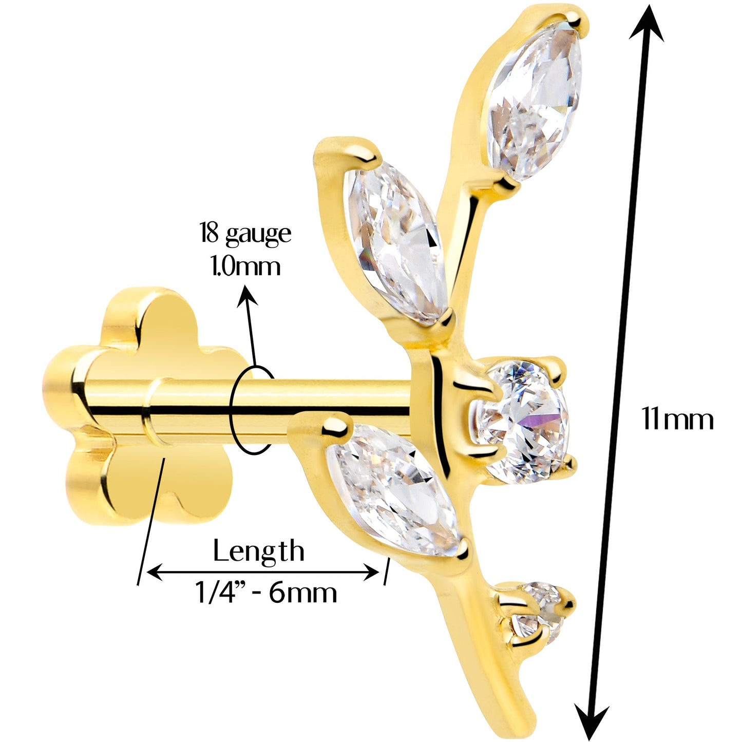 18G 1/4 Clear Gem Gold PVD Implant Grade Titanium Leaves Threadless Flatback Earring
