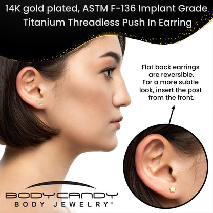 18G 1/4 Clear Gem Gold PVD Implant Grade Titanium Leaves Threadless Flatback Earring