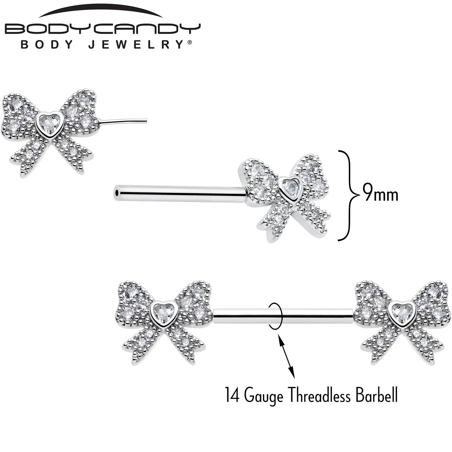 14G 9/16 CZ Dazzling Bow Threadless Nipple Ring Set