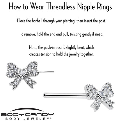14G 9/16 CZ Dazzling Bow Threadless Nipple Ring Set