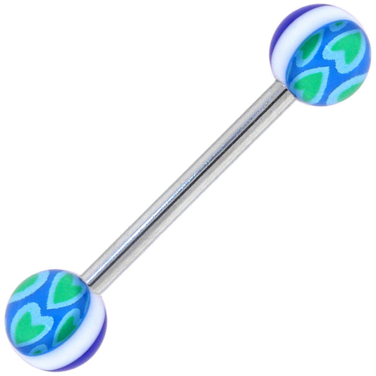Blue Green HEARTS Barbell Tongue Ring