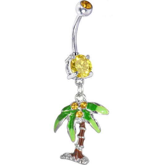 Citrine Gem PALM TREE Dangle Belly Ring