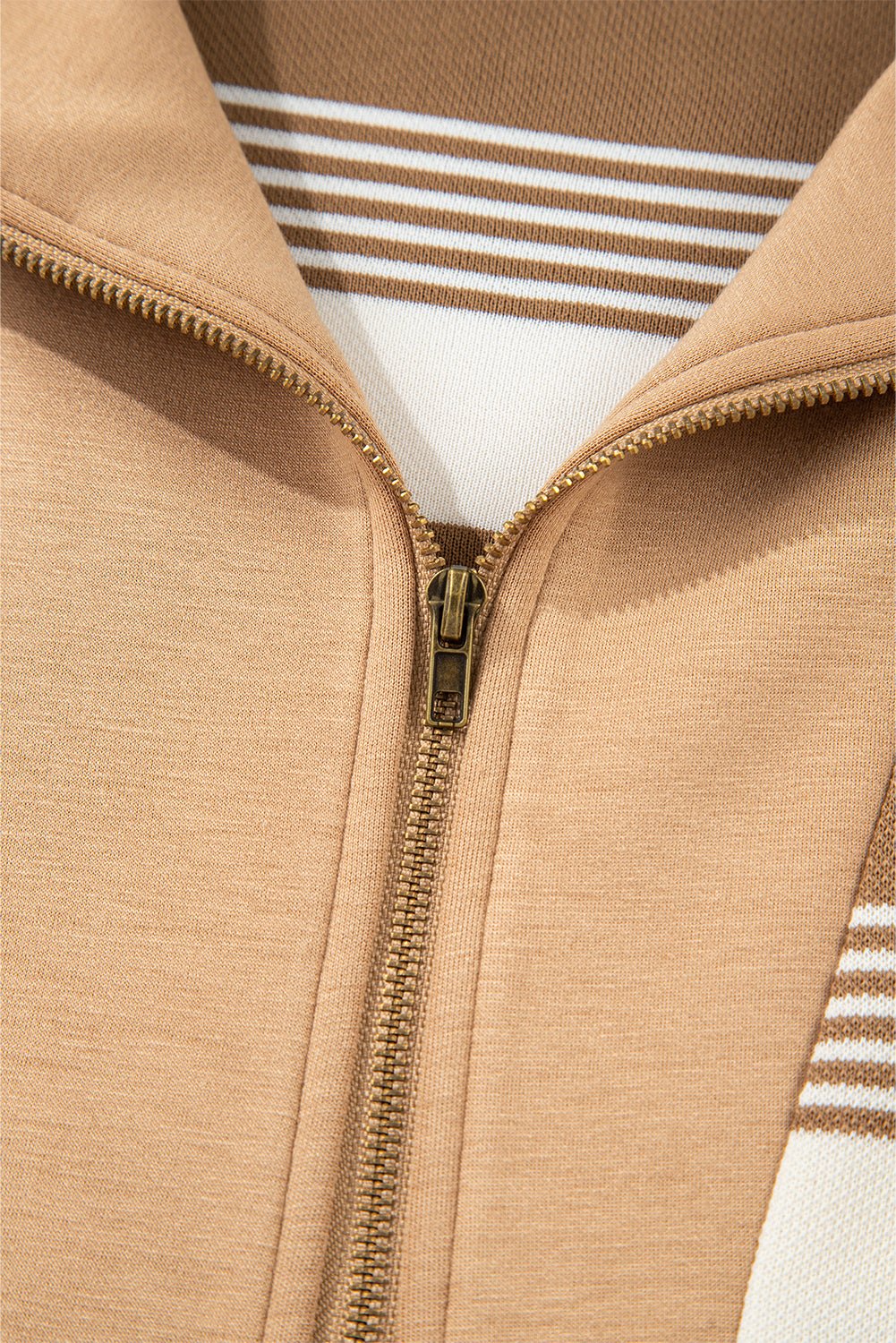 Khaki Stripe Zip Collar Patchwork Vintage Fashion Sweatshirt - Jaico Online Shop
