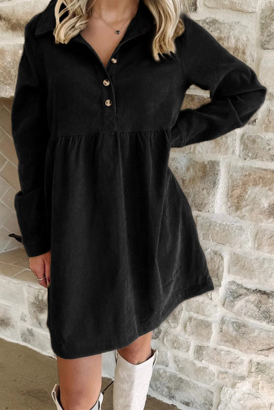 Black Corduroy Half Button Collared Long Sleeve Mini Dress - Jaico Online Shop