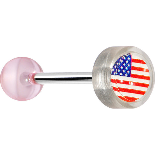 14G Pink Acrylic American Flag Straight Barbell Tongue Ring