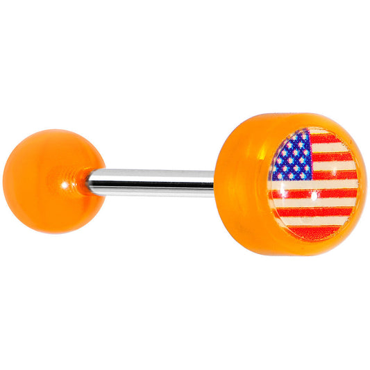 14G Orange Acrylic American Flag Straight Barbell Tongue Ring