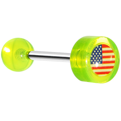 14G Green Neon Acrylic American Flag Straight Barbell Tongue Ring