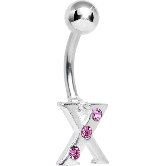 Pink Gem Studded Letter X Belly Ring