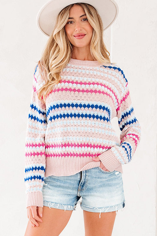 Khaki Stripe Eyelet Patterned Drop Shoulder Sweater - Jaico Online Shop