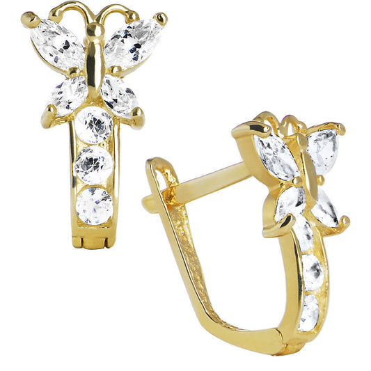 14k Yellow Gold Butterfly April Birthstone Leverback Earrings