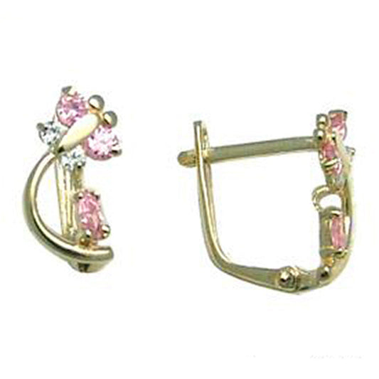 14k Yellow Gold Pink and Clear Cubic Zirconia Dragonfly Earrings