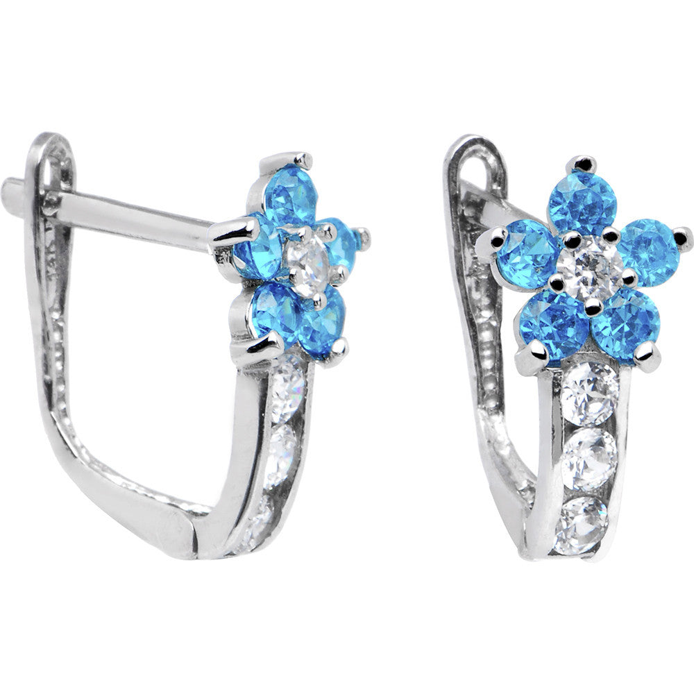 14k White Gold Blue Zircon Cubic Zirconia Flower Earrings