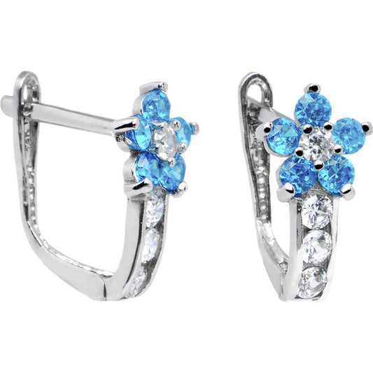 14k White Gold Blue Zircon Cubic Zirconia Flower Earrings