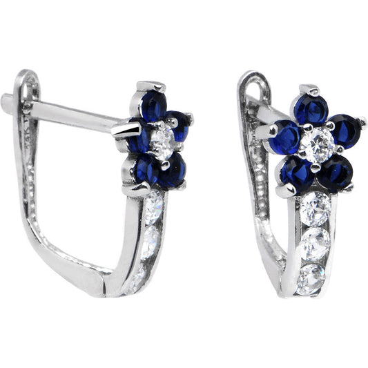 14k White Gold Blue Sapphire Clear Cubic Zirconia Flower Earrings