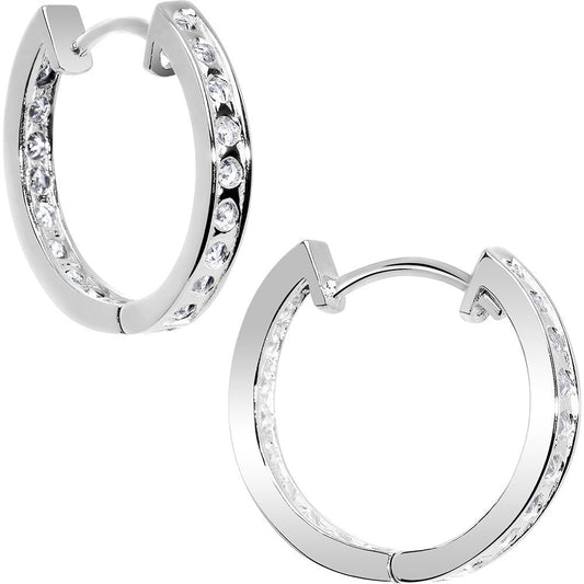 14k White Gold CZ In and Out Hoop Earrings - .50 Inch