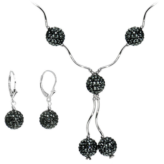 Sterling Silver Jet Crystal Ball Drop Necklace and Earring Set