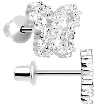 .925 Sterling Silver Clear CZ Open Butterfly Youth Screwback Earrings