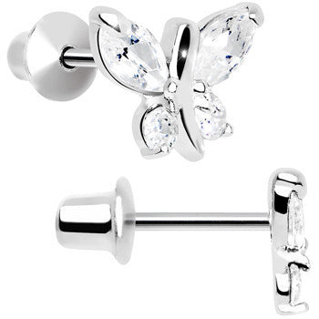 .925 Sterling Silver Clear CZ Butterfly Youth Screwback Earrings