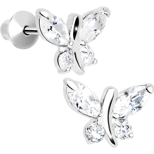 .925 Sterling Silver Clear CZ Butterfly Youth Screwback Earrings