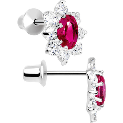 .925 Sterling Silver Pink CZ Fancy Flower Youth Screwback Earrings