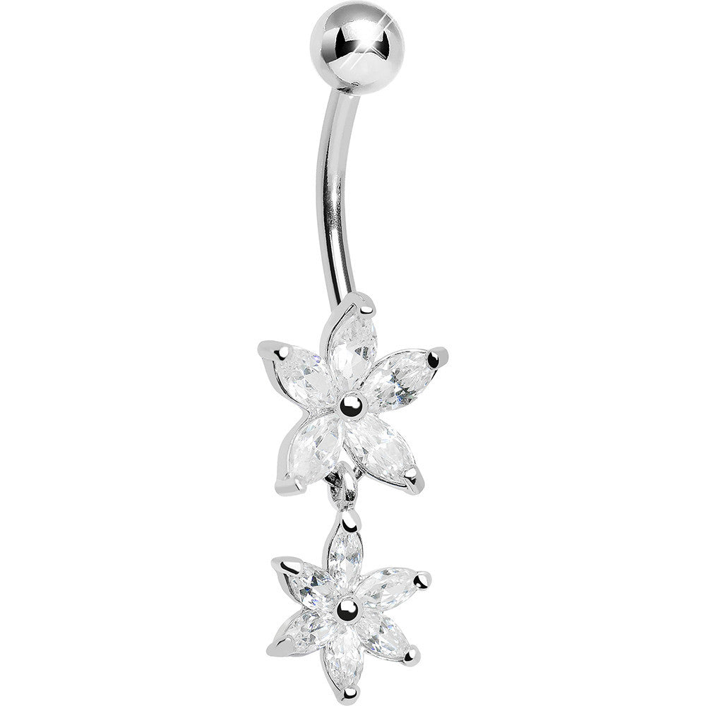925 Sterling Silver Cubic Zirconia Dual Lily Dangle Belly Ring