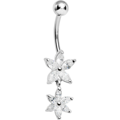 925 Sterling Silver Cubic Zirconia Dual Lily Dangle Belly Ring