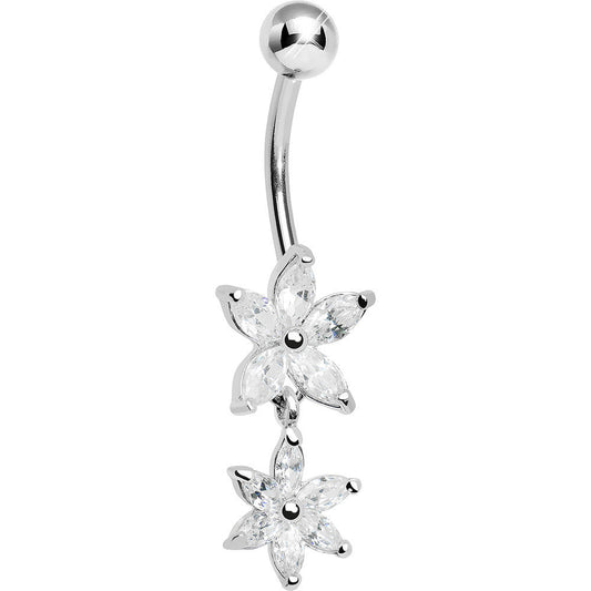 925 Sterling Silver Cubic Zirconia Dual Lily Dangle Belly Ring