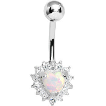 925 Sterling Silver Cubic Zirconia Opal Heart Belly Ring